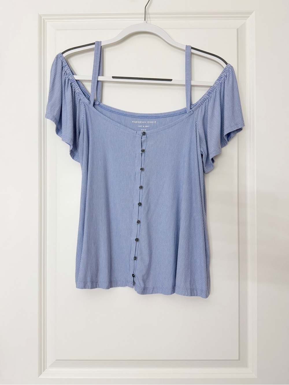 American Eagle Light Blue & White Striped Off-Shoulder Button-Front Blouse Top